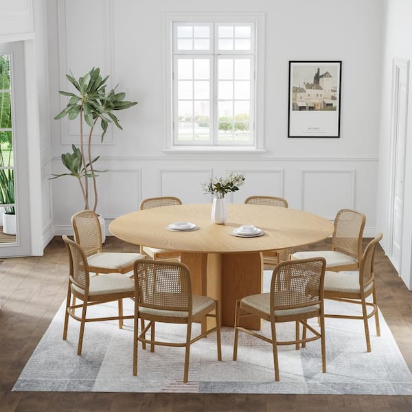 Dovelina Flora Modern Natural Color Round Oak Wood Top 59 in. Cross Leg Dining Table Seats 8