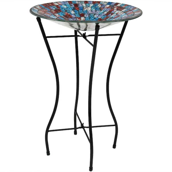 Sunnydaze 14 in. Multi-Color Tile Glass Bird Bath Bowl with Stand