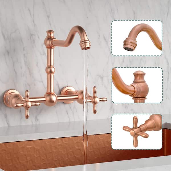 Akicon Solid Brass Wall Mount Kitchen Sink Faucet with 2 Cross