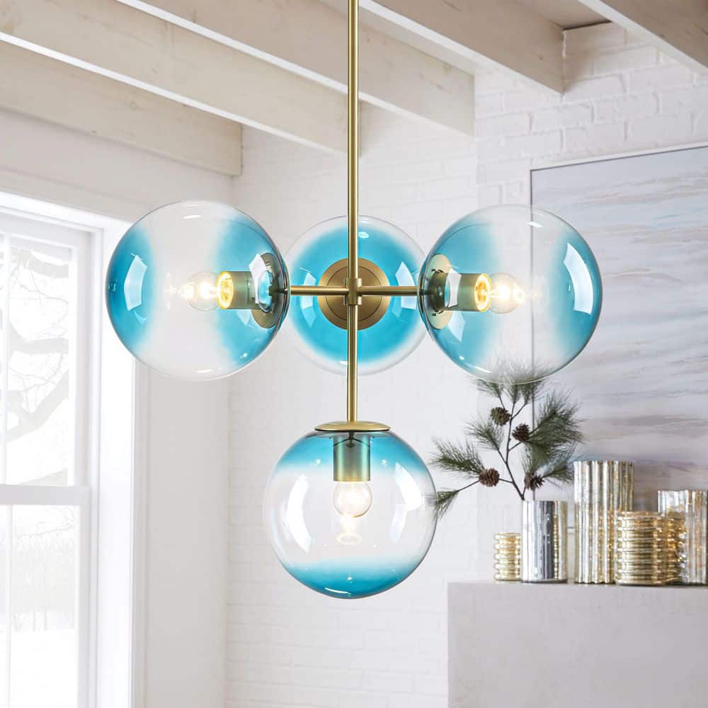Theo 4-Light Brushed Gold Dimmable Sputnik Pendant with Gradient Blue Globes price history on PriceWatchPro