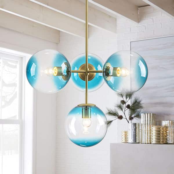 Rennnsan Theo 4-Light Brushed Gold Dimmable Sputnik Pendant with Gradient Blue Globes