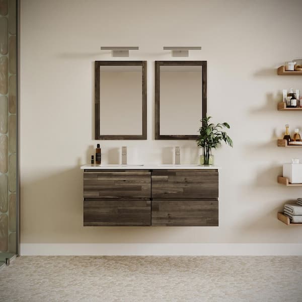 Fresca Formosa 48 in. Double Sink Wall Mount Floating Acacia Bath Vanity with White Quartz Top and Undermount Ceramic Sink