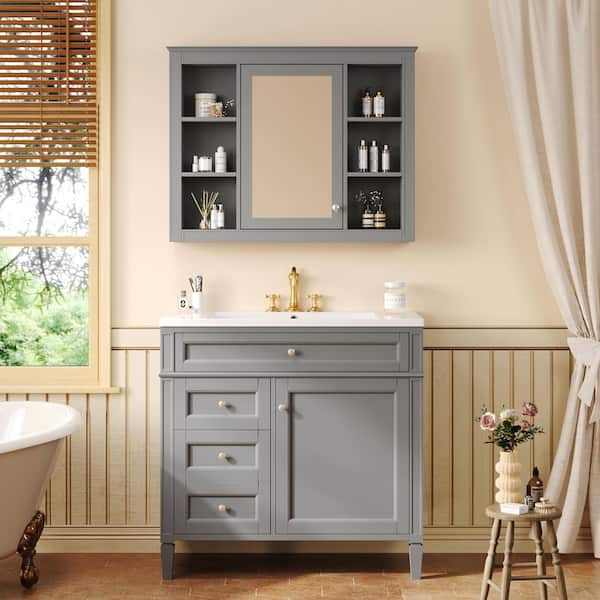 Unbranded 36 in. W x 18 in. D x 33 in. H Single Sink Freestanding Bath Vanity in Gray with White Ceramic Top and Mirror