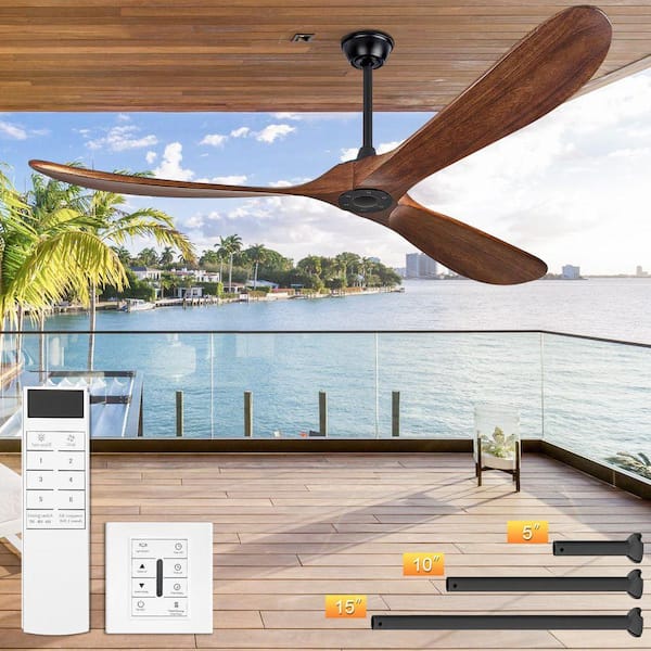 72 in. Walnut Finish Solid Wood Ceiling Fan, Indoor Fan with 3-Downrods, Remote and Wall Control