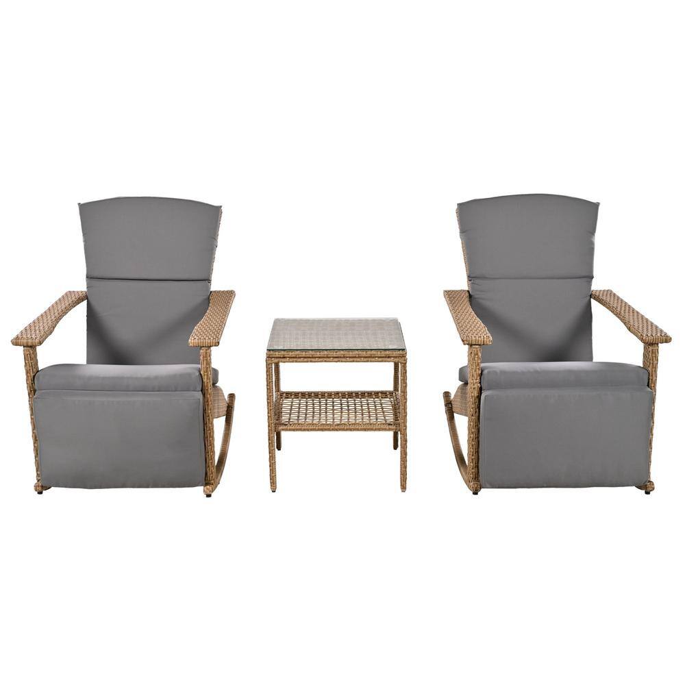 Adjustable Wicker Double Outdoor Rocking Chairs with Coffee Table and Gray 