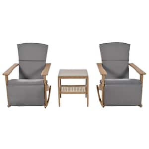 Adjustable Wicker Double Outdoor Rocking Chairs with Coffee Table and Gray Cushion for Patio, Backyard, Garden, Poolside