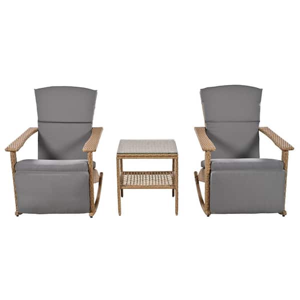 Unbranded Adjustable Wicker Double Outdoor Rocking Chairs with Coffee Table and Gray Cushion for Patio, Backyard, Garden, Poolside