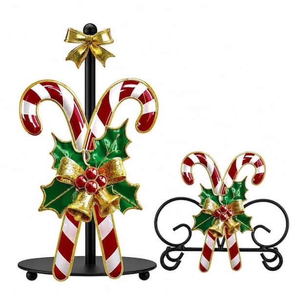 2-Pieces Christmas Candy Cane Countertop Red and Green with Gold Accent Metal Paper Towel Holder, Holiday Bathroom Decor