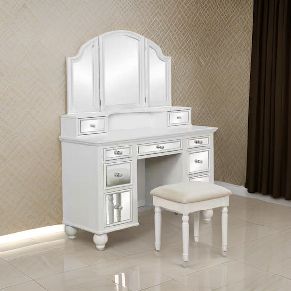 Benjara 56 in. 2-Piece White and Beige Makeup Vanity Set with Desk. Stool, Storage Drawers and Mirror