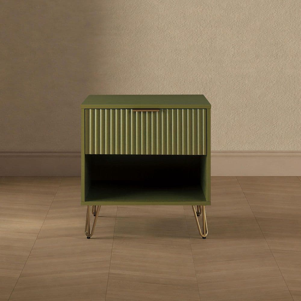 DUMBO Modern Olive Green 1-Drawer 20.07 in. W Nightstand with SNAP Assembly - Tool-Free, Effortless Setup