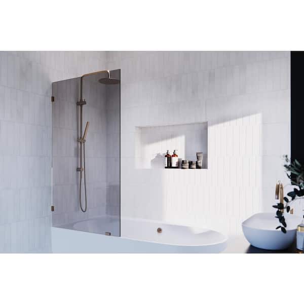 Glass Warehouse Ursa 34 in. W x 58.25 in. H Single Fixed Panel Frameless Bathtub Door in Brushed Bronze with Bronze Tinted Glass