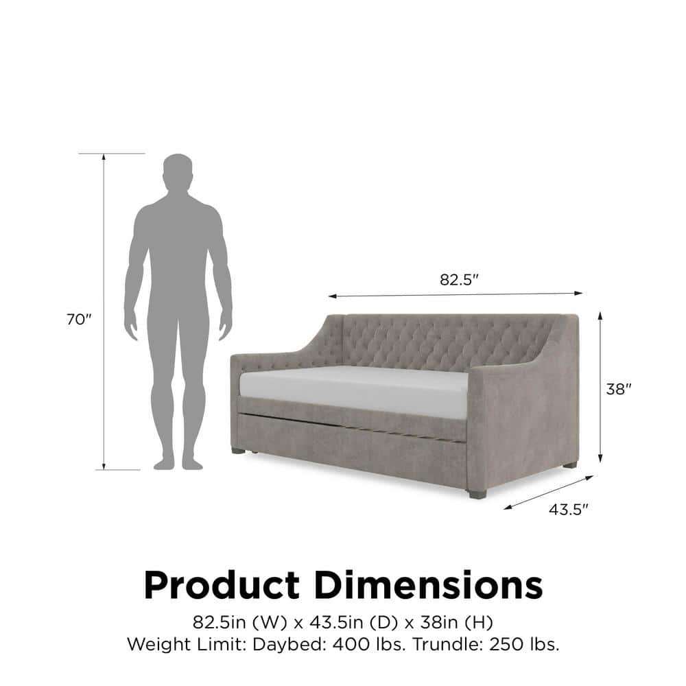 Light Gray Velvet Twin Daybed with Trundle and Tufted Upholstery