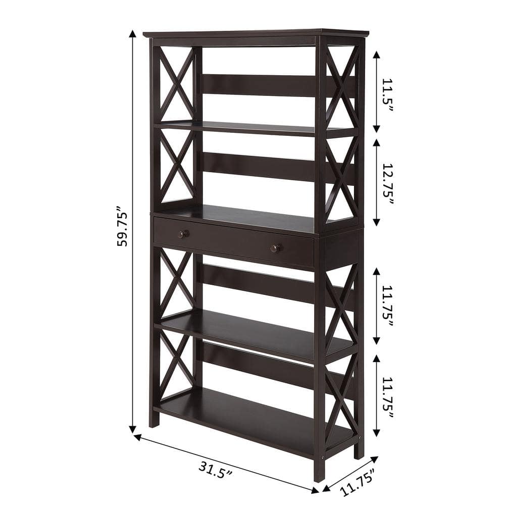 Oxford Espresso 5-Tier Wood Bookcase with Concealed Drawer