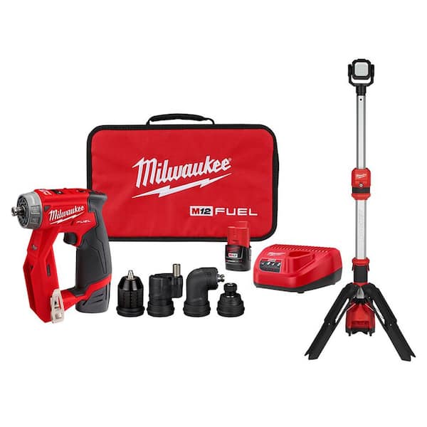 Milwaukee M12 FUEL 12V Lithium-Ion Brushless Cordless 4-in-1 Installation 3/8 in. Drill Driver Kit W/M12 Rocket Stand Light