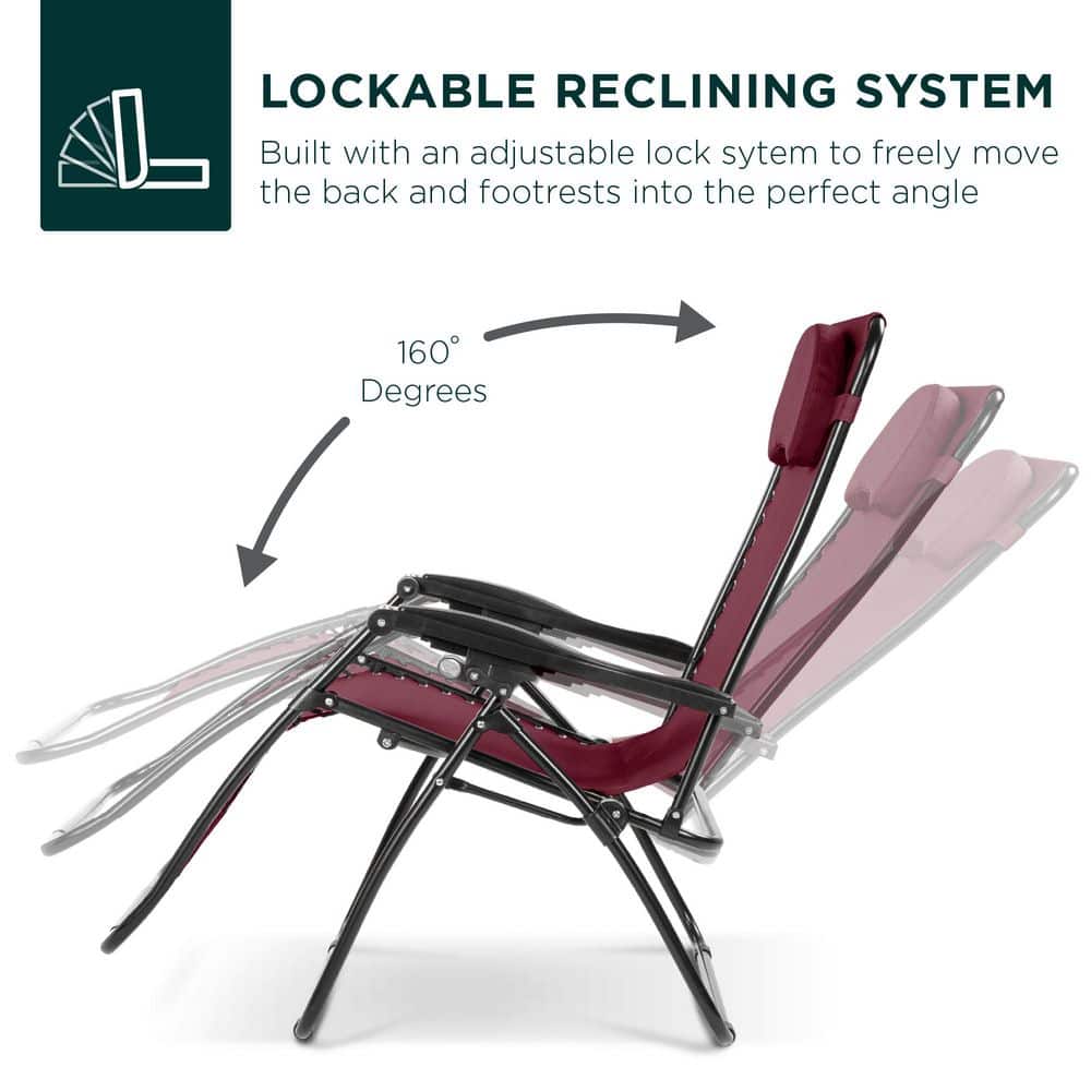 Oversized Burgundy Steel Zero Gravity Outdoor Lounger with Cushion