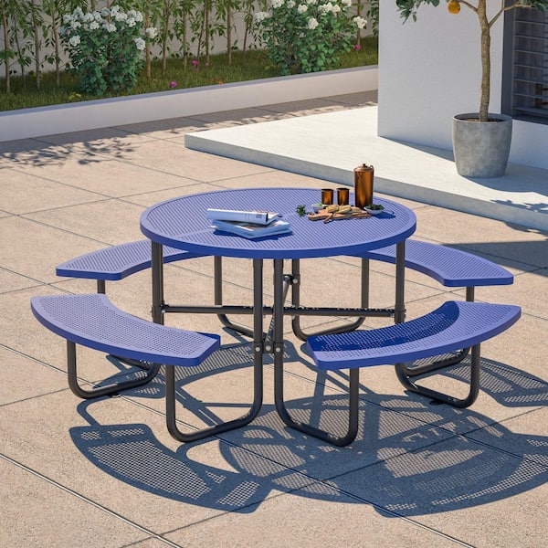 Thanaddo 46 in. Blue Round Outdoor Steel Picnic Table Seats 8-People with Umbrella Hole