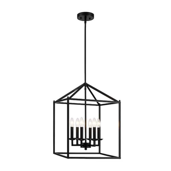 6-Light Matte Black Lantern Geometric Pendant
