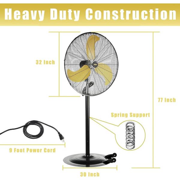 30 in. 3 Speeds Heavy Duty High Velocity Oscillating Pedestal Fan in Yellow with 1/3 HP Powerful Motor, 8300 CFM