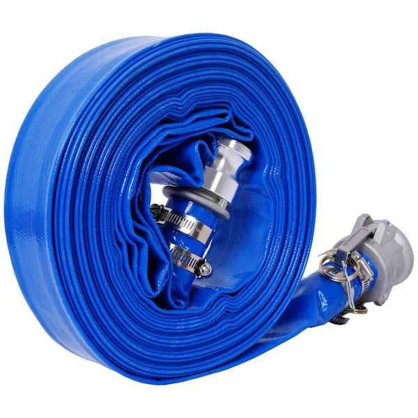 Blue 1.5" ID x 50 ft Pool Backwash Hose, PVC Lay Flat Water Discharge Pump Hoses with Aluminum Camlock C and E Fittings