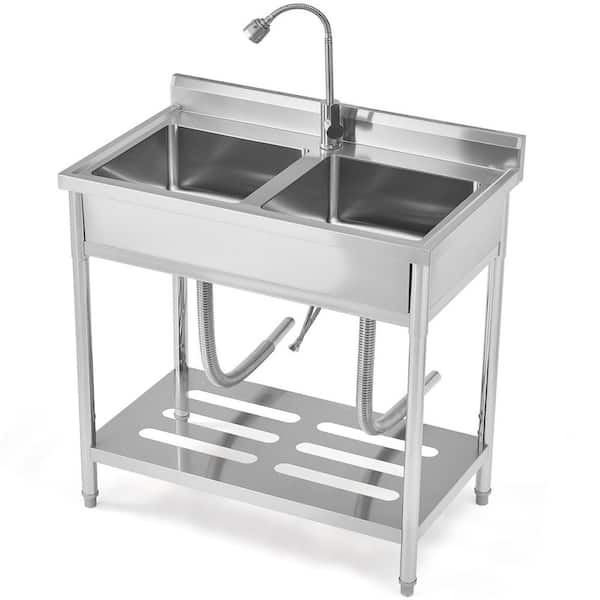 Freestanding Laundry/Utility Sink, Stainless Steel Double Bowl Sink with Swivel Faucet, Storage Shelf, Adjustable Feet