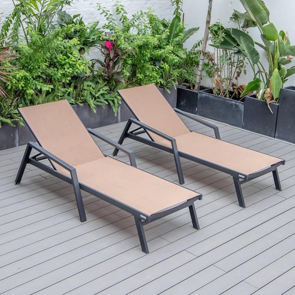 Leisuremod LeisureMod Marlin Modern Patio Chaise Lounge Arm Chair with Black Powder Coated Aluminum Frame in Light Brown Set of 2
