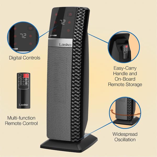 1500-Watt 22 in. Electric Oscillating Ceramic Tower Space Heater in Black, 3 Heat Settings, Remote, Tip-Over Switch