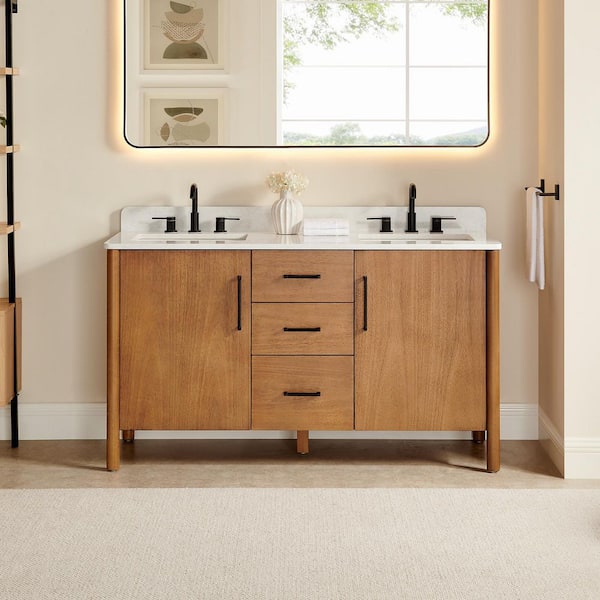 Velora 60 in. Double Freestanding Mango Brown Bath Vanity with Grain White Engineered Stone Top Assembled
