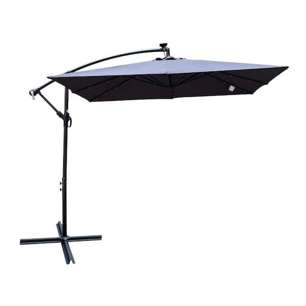 Tunearary 8.2 ft. Steel Market Umbrella Patio Umbrella in Grey Solar LED Light Crank Cross Base Square Outside Deck Pool