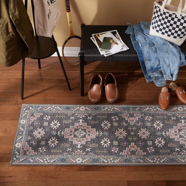 Luxe Livie Forever Vintage Grey Rose Pink 24 in. x 72 in. Machine Washable Runner Kitchen Mat