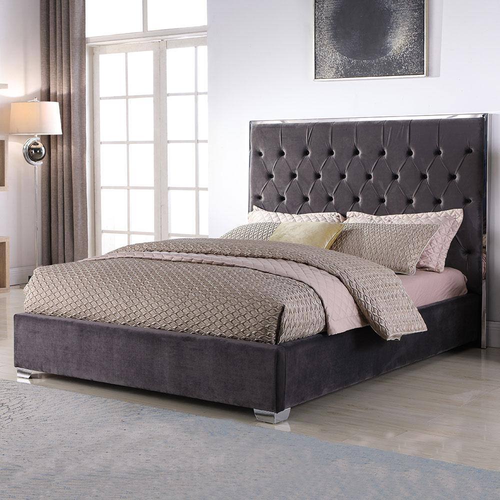 Queen Dark Gray Velvet Tufted Upholstered Bed with Wood Frame