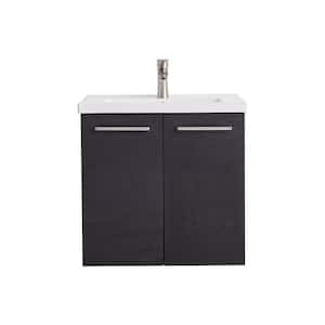 24 in. W x 18 in. D x 23 in. H Floating Bathroom Vanity in Black Wood Grain with Ceramic Sink in White