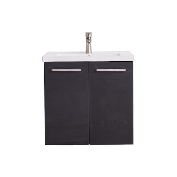 VC CUCINE 24 in. W x 18 in. D x 23 in. H Floating Bathroom Vanity in Black Wood Grain with Ceramic Sink in White