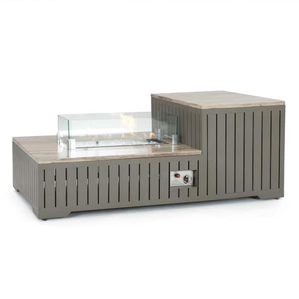 RST BRANDS Portofino Comfort 56 in. x 31 in. Gray Wicker Stone Outdoor Fire Pit Table