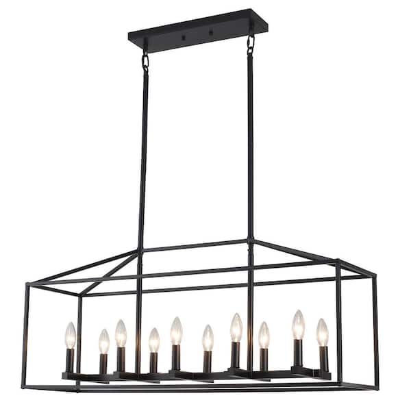 38 in. 10-Light Black Rectangle Candle Chandelier Industrial Linear Dimmable Pendant for Dining Room, No Bulbs Included