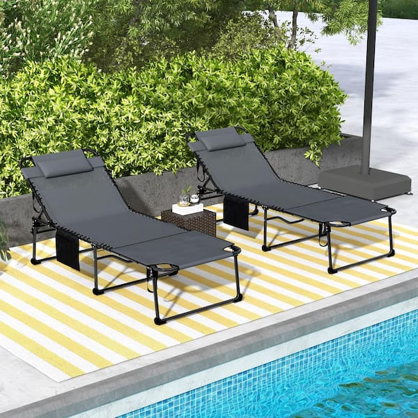Sudzendf Gray 2-Piece Metal Outdoor Folding Chaise Lounge with 5-level Reclining Back, Face Hole, Side Pocket and Headrest