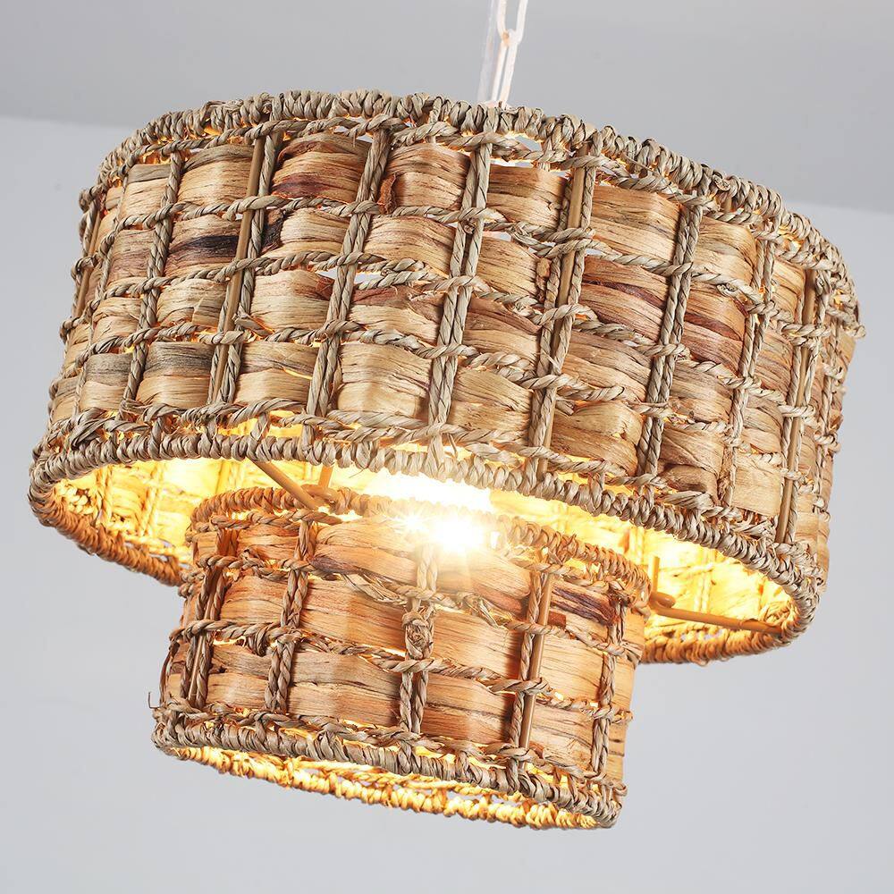 2-Tier Bohemian 1-Light White Drum Hanging Pendant Natural Weave Shade for Dining Room, Foyer price history on PriceWatchPro