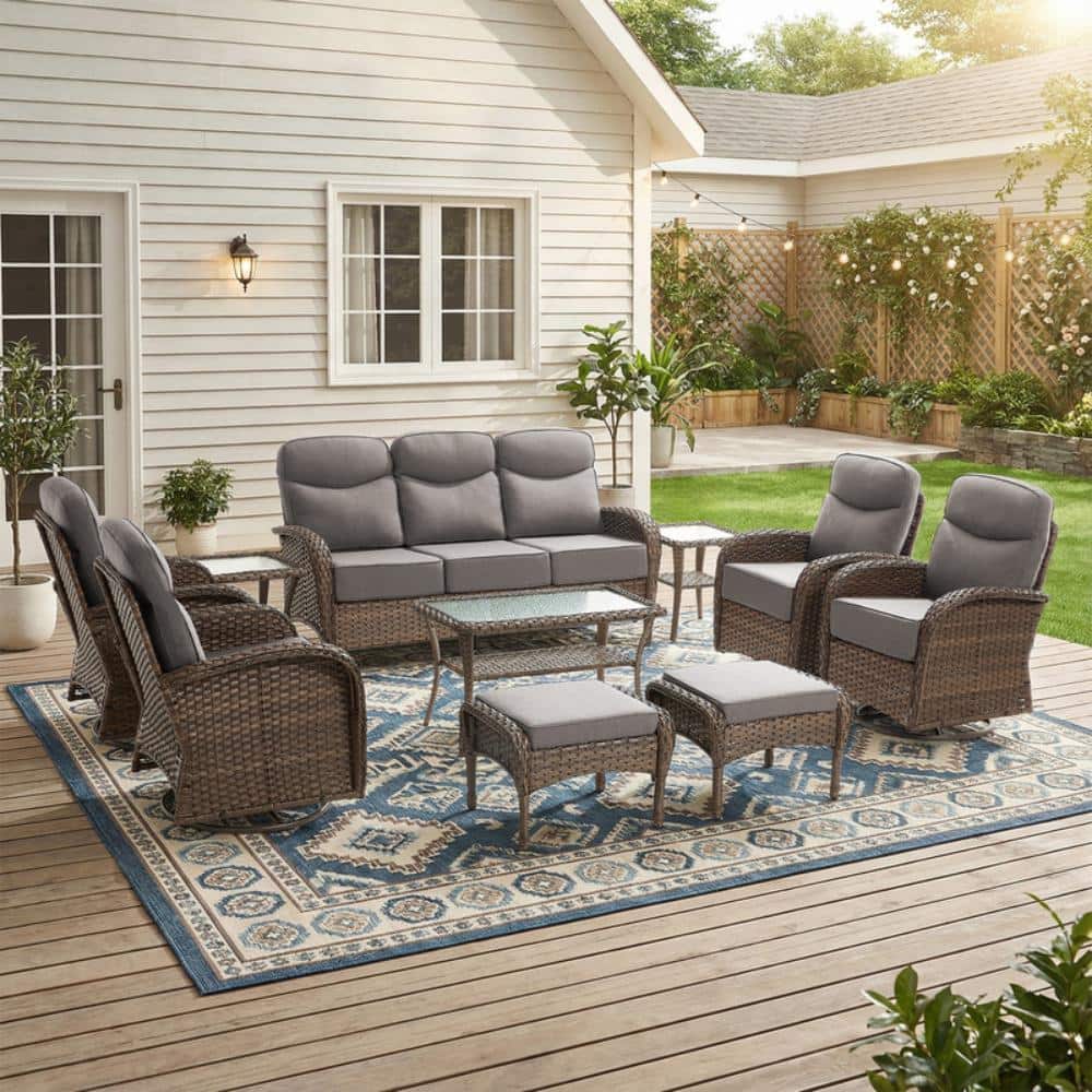 Rivieral Brown 10-Piece Wicker Patio Conversation Set with 6-Inch Gray Cushions, Swivel Glider Chairs & Coffee Table price history on PriceWatchPro