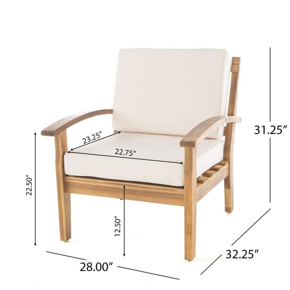 Teak Wood Coastal Lounge Chairs with Beige Water-Resistant Cushions (Set of 2)