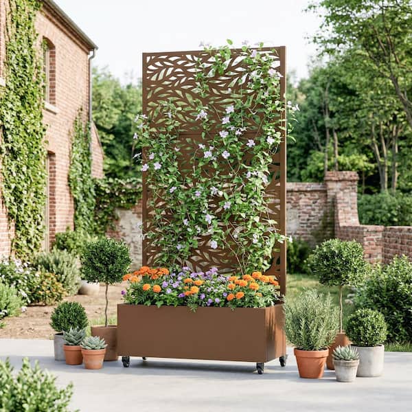 Lirago 72 in. H x 35 in. W Brown Metal Raised Planter Box with Trellis ...