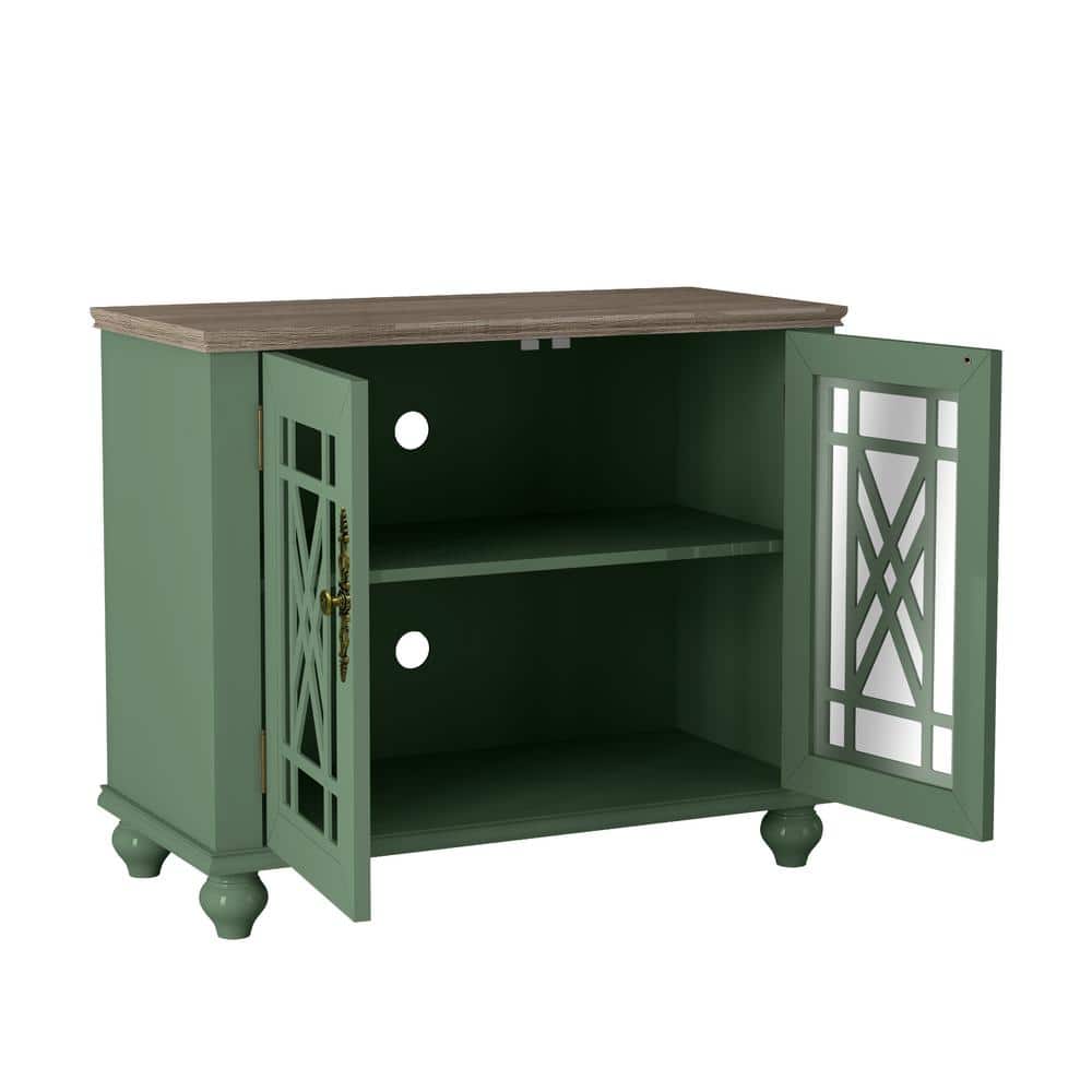 Green Vintage Wood Sideboard Buffet Cabinet with Glass Doors