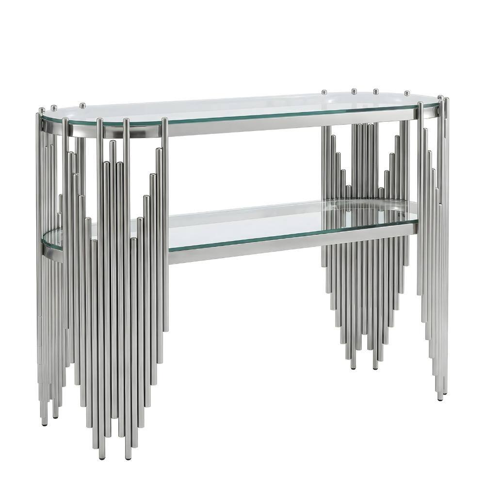 Luxury 47 in. Silver Console Table with 2-Tier Tempered Glass Shelves Modern Stainless Steel Frame price history on PriceWatchPro