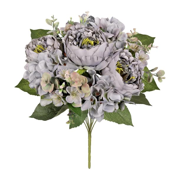 LIVING LUXURY 17 in. Grey Artificial Mixed Peony Hydrangea Blossom Flower Stem Bush Bouquet (Set of 2)