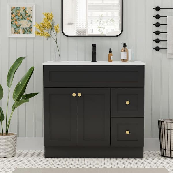 36 in. W x 18.3 in. D Single Sink Freestanding Black Bath Vanity with White Integrated Composite Resin Top Drain Set