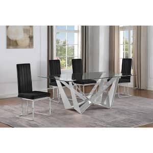 Rae 5-Piece Rectangular Glass Top Stainless Steel Base Dining Set With 4 Black Velvet Chrome Iron Legs Chairs