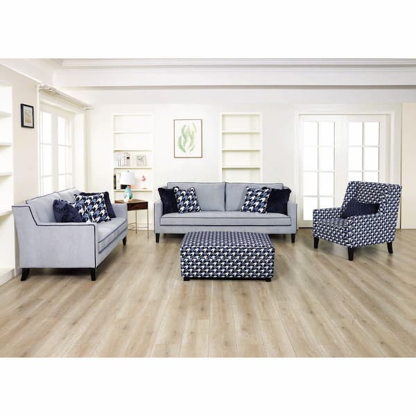 Doreen 4-Piece Gray and Blue Polyester Upholstered Living Room Set w/Ottoman, Reversible Back Pillows and Seat Cushions