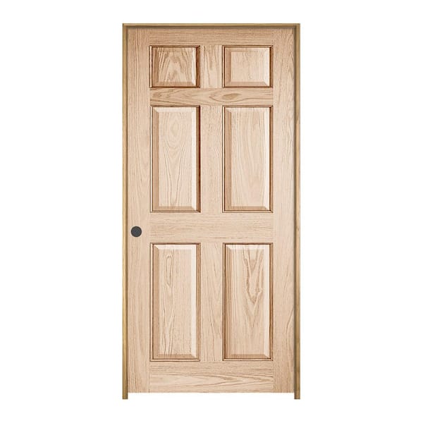 JELD-WEN 36 in. x 80 in. Oak Clear Lacquered Right-Hand 6-Panel Solid Wood Single Prehung Interior Door