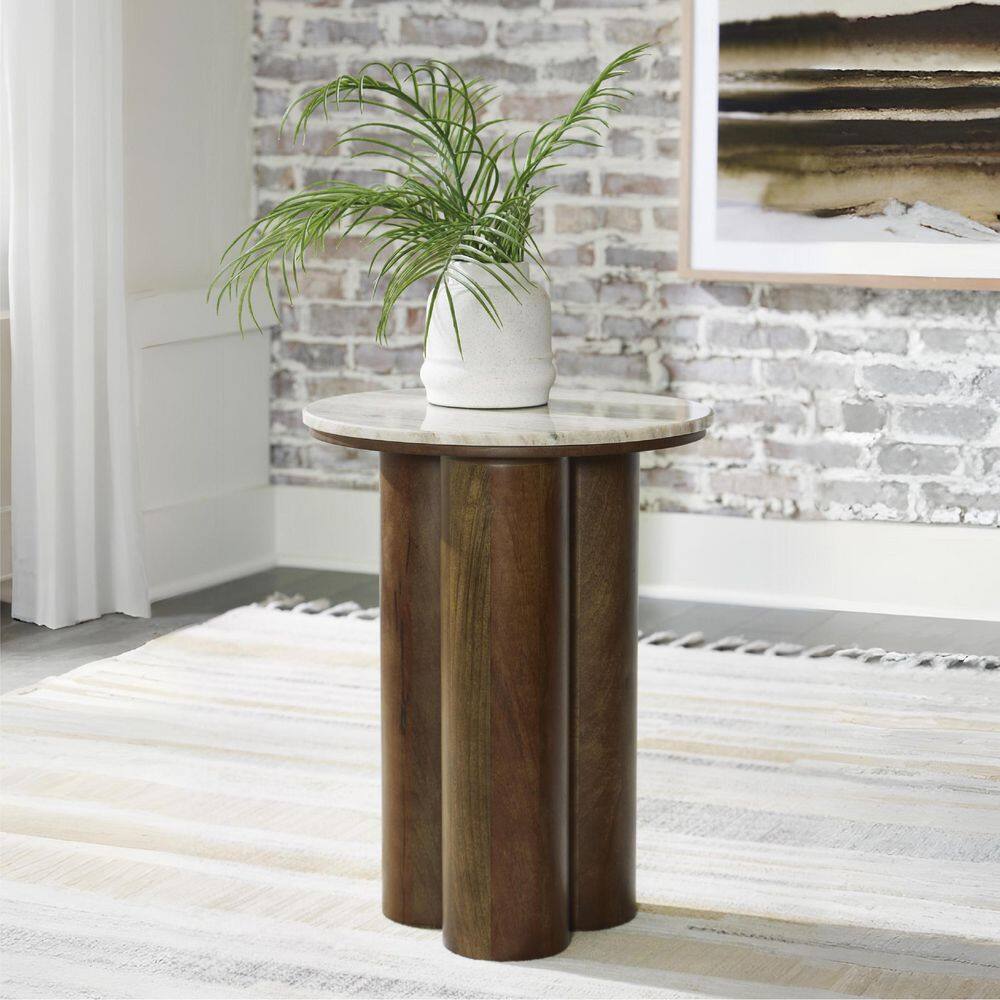 Henfield 18 in. Beige/Brown Round Marble Accent Table - thumbnail 3
