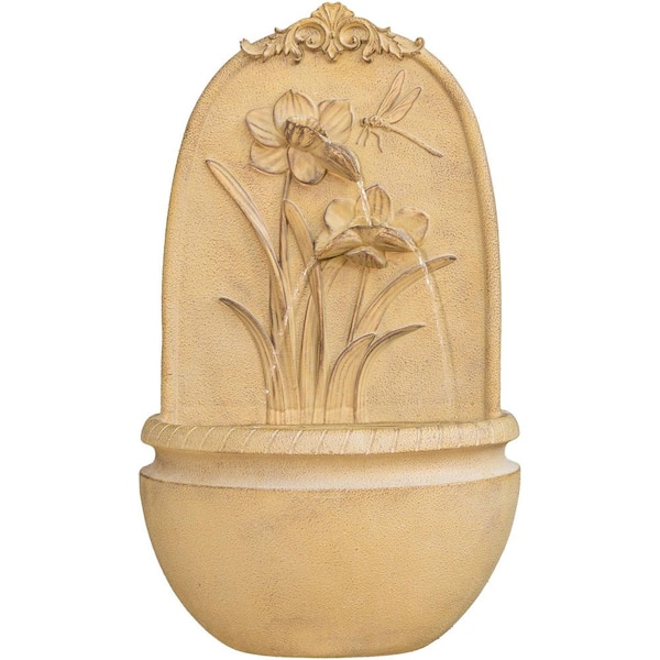 31 in.H, Mesh guard, Waterfall, Outdoor Wall Water Fountain with Pump-Khaki Flower with Dragonfly Design