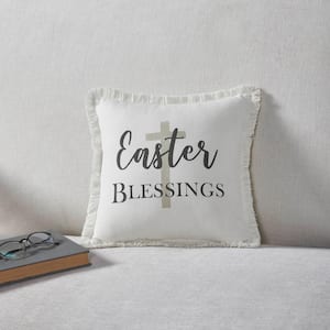 Risen Soft White, Charcoal Grey Easter Blessings Cross 12 in. x 12 in. Throw Pillow