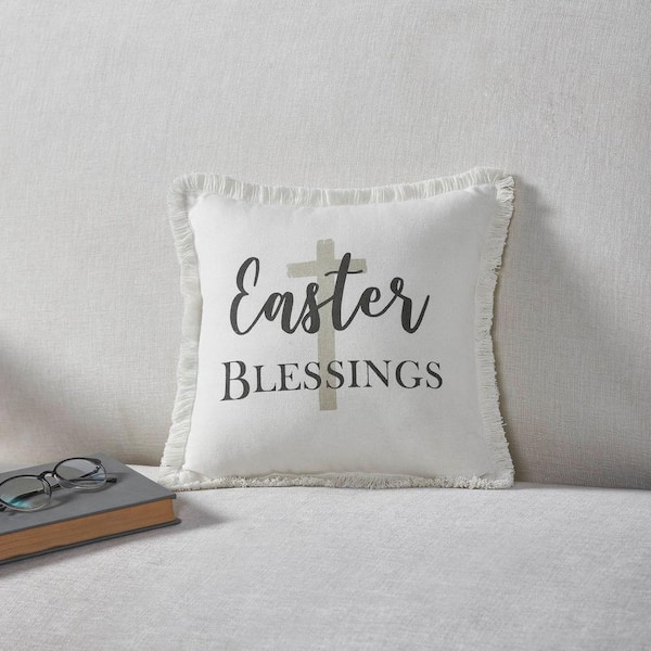 VHC Brands Risen Soft White, Charcoal Grey Easter Blessings Cross 12 in. x 12 in. Throw Pillow